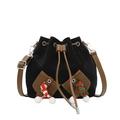 Retro schwarze Tunnelzug-Beuteltasche mit festlichen Schal-Anhängern und Lederriemen - Schwarz