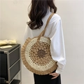 Large circular woven straw shoulder bag with tricolor patchwork and leather straps - Brown