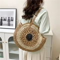 Large circular woven straw tote bag with brown leather straps and tri-color radial design - Khaki