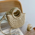 Sac demi-lune en paille beige avec anse ronde et bandoulière pour plage et été - Petit / Blanc Cassé