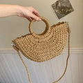Sac à main en paille kaki avec poignée circulaire et bandoulière amovible élégant - Moyen / Kaki