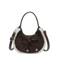Coffee brown matte moon bag with white plush trim and elegant bow detail - Bow Style (Style 1) / Coffee