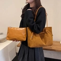 Brown faux suede tote bag set with matching pouch and drawstring detail for women - 2-Piece Set (Tote + Inner Pouch) / Yellow Brown