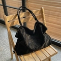 Retro black suede large tote bag with daisy embroidery and Maodi letter print - Black