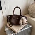 Dark brown pebble leather bucket bag with silver buckle and plush rabbit pendant - Purple with Pendant