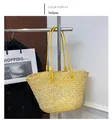 Large capacity yellow woven straw tote bag with shoulder straps for summer beach vacation - Yellow