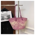 Woven tote bag with purple and beige gradient pattern and long leather shoulder straps - Purple