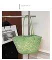 Handwoven large light green tote bag with straw texture and leather straps for summer - Light Green
