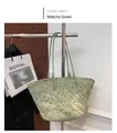 Handcrafted matcha green woven tote bag with slim leather handles for summer holiday style - Matcha Green