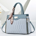 Light blue faux leather shoulder bag with houndstooth silk scarf and gold hardware - Blue