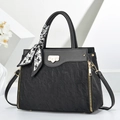 Large black leather shoulder bag with woven texture and decorative silk scarf detail - Black