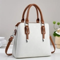 Detailed close-up of a beige and brown shoulder bag featuring elegant silver hardware - White