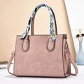 Minimalist large capacity pink leather tote bag with decorative floral silk scarf handle - Pink