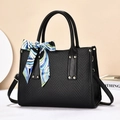 Large black woven leather tote bag with a silk scarf and adjustable shoulder strap - Black