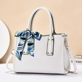 White textured leather shoulder bag with silk scarf and detachable strap for women - White