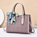 Women's rose pink commuter tote bag with herringbone weave and decorative silk scarf - Purple