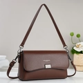 Classic dark brown pebble leather shoulder bag with metallic lock and dual straps - Coffee