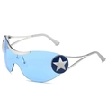 Y2K vintage aviator oversized wrap sunglasses with light blue lenses and star detail - D06 Y-4 / Silver Frame Blue Lens