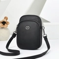 2025 minimalist black lychee leather crossbody bag with dual zippers and silver metal logo - Black
