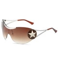 Y2K pilot sunglasses with silver wrap frames, brown gradient lenses and star accents - D06 Y-4 / Silver Frame Double Tea Lens