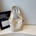 Sac fourre-tout en nylon beige léger au design multi-poches avec détails de boutons noirs - Blanc Cassé / Sans Pendentif