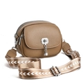 Brown lychee leather crescent crossbody bag with stylish patterned strap and silver lock - Dark Khaki
