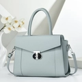Elegant grey-blue pebbled leather tote bag for women with stylish T-lock and top handle - Blue