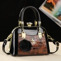 Black patent leather shell shoulder bag with brown crocodile texture and gold hardware - Brown