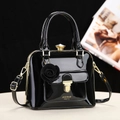 2025 Winter black patent leather handbag with gold metal clasp and rose charm - Black