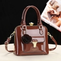 2025 Winter stylish brown patent leather handbag with gold hardware and flower charm - Brown
