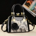 Chic black patent leather shell shoulder bag with floral accent and animal print panel - Dark Gray