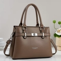 Brown lychee grain leather handbag with silver lock and detachable shoulder strap - Brown