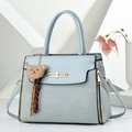 Gray-blue large capacity tote handbag with woven texture and teddy bear charm - Blue