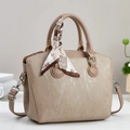 Beige tote bag with wood-grain texture and decorative silk scarf on handle - Khaki