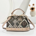 Borsa vintage stile dottore in jacquard geometrico con finiture in pelle e dettagli oro - Cachi