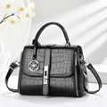 Glossy black faux crocodile leather handbag with silver hardware and orchid decor - Black