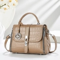 Khaki glossy faux crocodile handbag with clover pendant and silver metallic hardware - Khaki