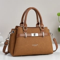 Brown vintage handbag with canvas texture and leather straps shown in a front view - Khaki/Earth Yellow