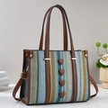 Borsa tote in tessuto a righe bohémien con manici in pelle e bottoni a cuore - Verde