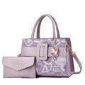 Purple leather tote bag set with monogram print and metal shell charm for women - Purple