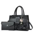 Black large tote bag and clutch set with letter pattern and pearl shell pendant - Black