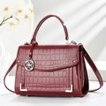 Elegant wine red crocodile pattern small square handbag with silver clover buckle and strap - Wine Red