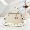 Beige woven texture shoulder bag with gold heart pendant and round handles - Off-white