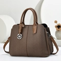Elegant herringbone pattern tote bag for women with brown leather trim and metal charm - Brown