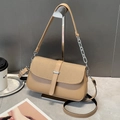 Chic khaki square shoulder bag in smooth leather and woven fabric on display - Khaki