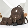 Dreiteiliges Set aus braunem Vintage-Kunstleder Rucksack mit Quasten und Pompon-Anhängern - Kaffeebraun