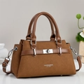 Fashionable caramel brown trapezoid handbag with top handles and adjustable shoulder strap - Earthy Yellow