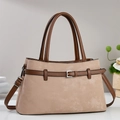 Detail of apricot suede handbag with coffee contrast trim and silver square buckle - Khaki