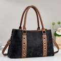 Borsa tote retrò in tela nera con cinturini in ecopelle marrone e occhielli in metallo - Nero