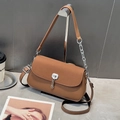 Minimalist brown crossbody bag with woven flap detail and silver chain strap - Khaki/Earth Yellow